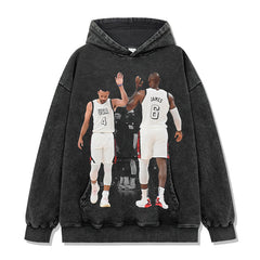 Vintage Tide Curry James Printed Short Sleeve T-Shirt Washed Long Sleeve Crew Neck Loose Hooded Sweater