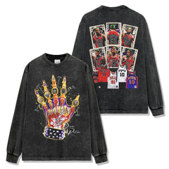 Vintage Rodman Double-Sided Printed Washed Short Sleeve T-Shirt Crew Neck Heavy Loose Hooded Sweater Men