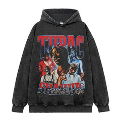 Hip Hop Tupac Printed Short Sleeve T-Shirt Washed Old Long Sleeve Loose Heavy Hooded Sweater Men