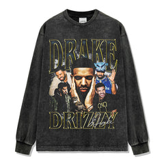 Hip Hop DRAKE Drake Printed Short Sleeve T-Shirt Washed Long Sleeve Crew Neck Loose Hooded Sweater