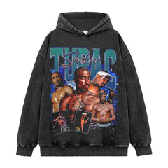 Vintage Hip Hop TUPAC Printed Short Sleeve T-Shirt Washed Old Long Sleeve Loose Hooded Sweater