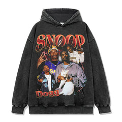 Snoop Dogg Printed Short Sleeve T-Shirt Washed Long Sleeve Loose Hooded Sweater