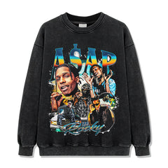 Hip Hop A $AP Rocky Printed Short Sleeve T-Shirt Washed Long Sleeve Loose Blockbuster Hooded Sweater Men