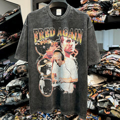 Vintage Fred Again Printed Short Sleeve T-Shirt Vintage Washed Loose Heavy Cotton Crew Neck