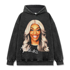 Vintage Wilson A'ja Printed Short Sleeve T-Shirt Washed Long Sleeve Crew Neck Loose Hooded Sweater Men