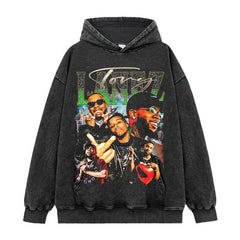 Hip Hop Lines Tory Lanez print short sleeve T-shirt washed long sleeve loose hooded sweatshirt