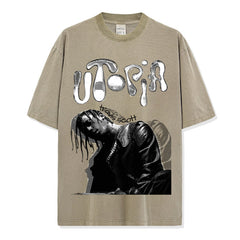 Vintage TS Hip Hop Travis Scott Printed Short Sleeve T-Shirt Washed Vintage Heavy Loose Crew Neck