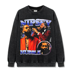 Hip Hop Nipsey Hussle Printed Short Sleeve T-Shirt Washed Long Sleeve Loose Casual Hooded Sweater