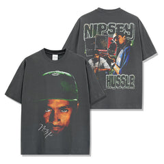 Nipsey Hussle Printed Washed Short Sleeve T-Shirt Crew Neck Loose Hooded Sweater Men