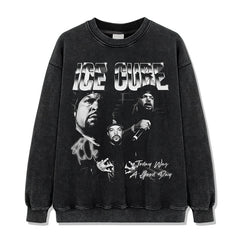 Ice Cube Printed Short Sleeve T-Shirt Washed Long Sleeve Loose Hooded Sweater Men