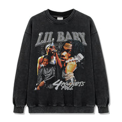 Hip hop lil baby print short-sleeved t-shirt washed long-sleeved loose casual heavy hooded sweater