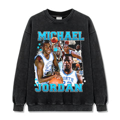 Vintage tide print short sleeve t-shirt washed distressed long sleeve round neck loose casual hooded sweatshirt men