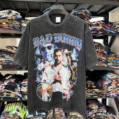 Vintage Bad Bunny Printed Short Sleeve T-Shirt Washed Heavy Cotton Small Neckline Top