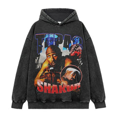 Vintage trendy TUPAC printed short-sleeved t-shirt washed and old long-sleeved loose hooded sweater men