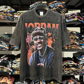 Vintage MJ Flying Printed Short Sleeve T-Shirt Vintage Washed Loose Crew Neck Heavy Pure Cotton Tide T