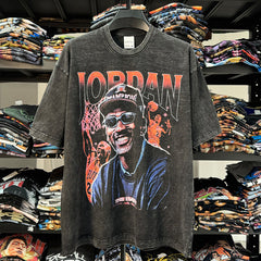 Vintage MJ Flying Printed Short Sleeve T-Shirt Vintage Washed Loose Crew Neck Heavy Pure Cotton Tide T