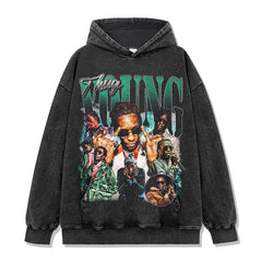Vintage Hip Hop Young Thug Printed Short Sleeve T-Shirt Washed Long Sleeve Loose Hooded Sweater Men