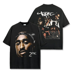 Vintage tupac print short-sleeved t-shirt Vintage loose heavyweight crew neck hooded sweater for men and women