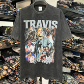Vintage hip hop travis scott print short sleeve washed round neck heavy cotton small neckline t
