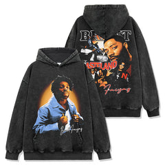 Brent Faiyaz Printed Washed Short Sleeve T-Shirt Crew Neck Heavy Hooded Sweater Men