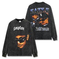 Hip Hop Eric Eazy-E Printed Washed Short Sleeve T-Shirt Casual Crew Neck Hooded Sweater