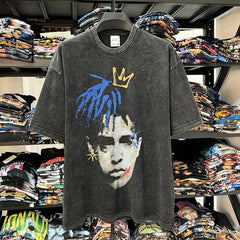 Vintage XXX Tentacion Printed Short Sleeve T-Shirt Vintage Washed Heavy Cotton Crew Neck T