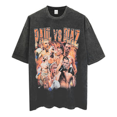 Vintage Paul vs Diaz Printed Short Sleeve T-Shirt Washed Loose Heavy Cotton Small Neckline Tide T