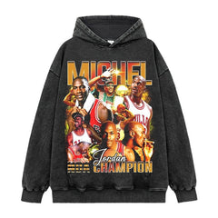 Retro trendy printed short-sleeved t-shirt old washed long-sleeved crew neck loose casual hooded sweater men