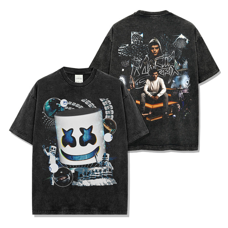 Marshmallow MARSHMELLO printed washed short-sleeved T-shirt casual crew neck hooded sweater