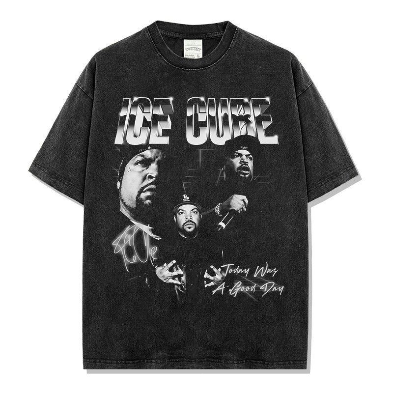 Ice Cube Printed Short Sleeve T-Shirt Washed Long Sleeve Loose Hooded Sweater Men