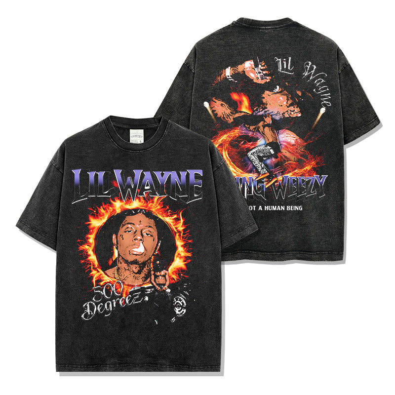 Hip Hop Lil Wayne Printed Washed Short Sleeve T-Shirt Crew Neck Loose Hooded Sweater