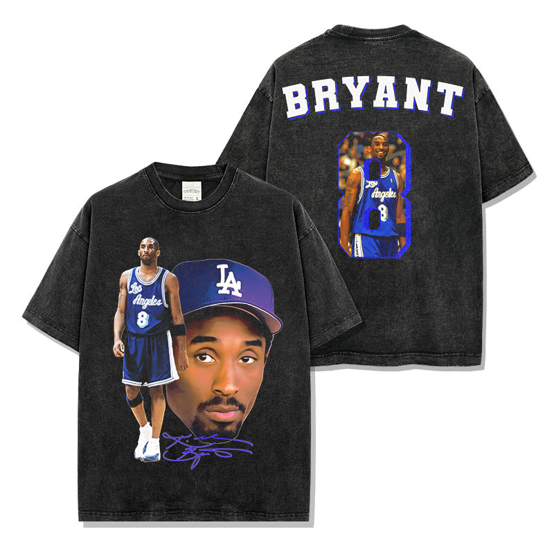 Vintage Kobe Printed Short Sleeve T-Shirt Washed Long Sleeve Crew Neck Casual Hooded Sweater