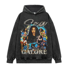 Shisha SZA printed short-sleeved t-shirt washed and old long-sleeved loose casual heavy hooded sweater men