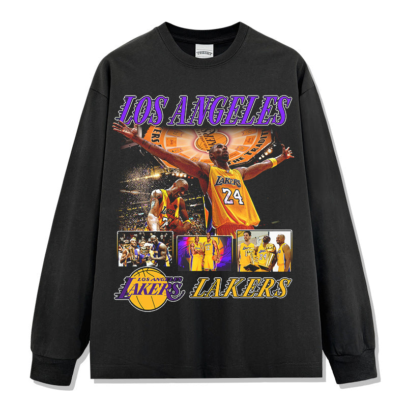 Retro star kobe print short-sleeved t-shirt washed casual long-sleeved crew neck hooded sweater men's trend