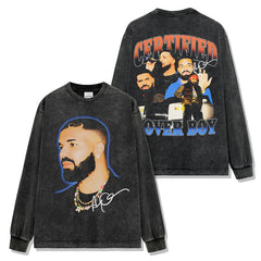 Vintage Drake DRAKE Printed Short Sleeve T-Shirt Washed Long Sleeve Crew Neck Casual Hooded Sweater Men