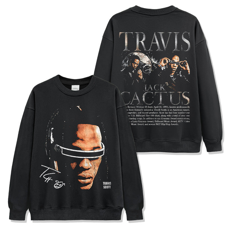 Hip Hop Travis Scott Printed Short Sleeve T-Shirt Washed Long Sleeve Loose Hooded Sweater