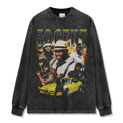 Hip Hop 50 Cent Printed Short Sleeve T-Shirt Washed Old Long Sleeve Loose Casual Hooded Sweater Men
