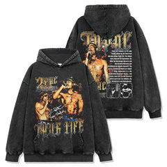 Hip Hop 2 PAC TUPAC Printed Washed Short Sleeve T-Shirt Crew Neck Heavy Hooded Sweater Men