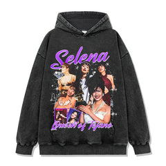 Selena Printed Short Sleeve T-Shirt Washed Old Long Sleeve Loose Casual Heavy Hooded Sweater Men