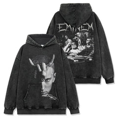 Vintage Eminem Double Sided Printed Short Sleeve T-Shirt Washed Long Sleeve Loose Hooded Sweater