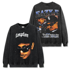 Hip Hop Eric Eazy-E Printed Washed Short Sleeve T-Shirt Casual Crew Neck Hooded Sweater
