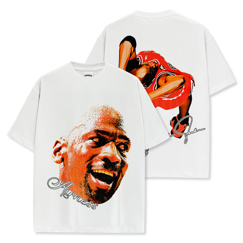 Vintage MJ Air Trapeze Double-sided Printed Short Sleeve T-Shirt Washed Crew Neck Heavy Cotton Small Neckline T