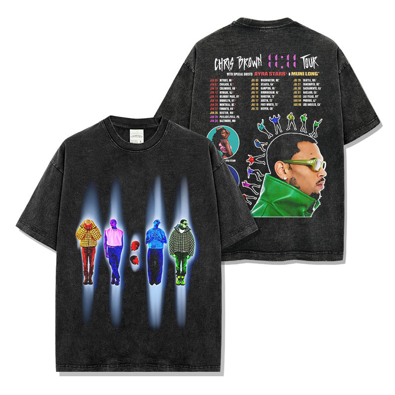 Vintage chris brown print short sleeve t-shirt washed long sleeve hooded sweater men