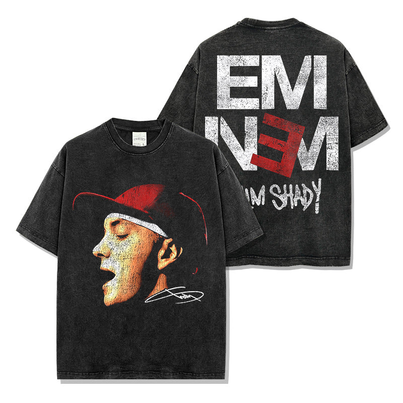 Eminem Eminem Print Wash Short Sleeve T-Shirt Casual Crew Neck Loose Hooded Sweatshirt Men