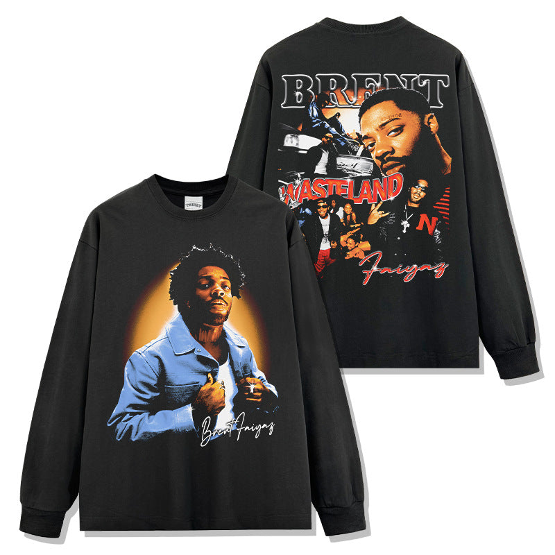 Brent Faiyaz Printed Washed Short Sleeve T-Shirt Crew Neck Heavy Hooded Sweater Men