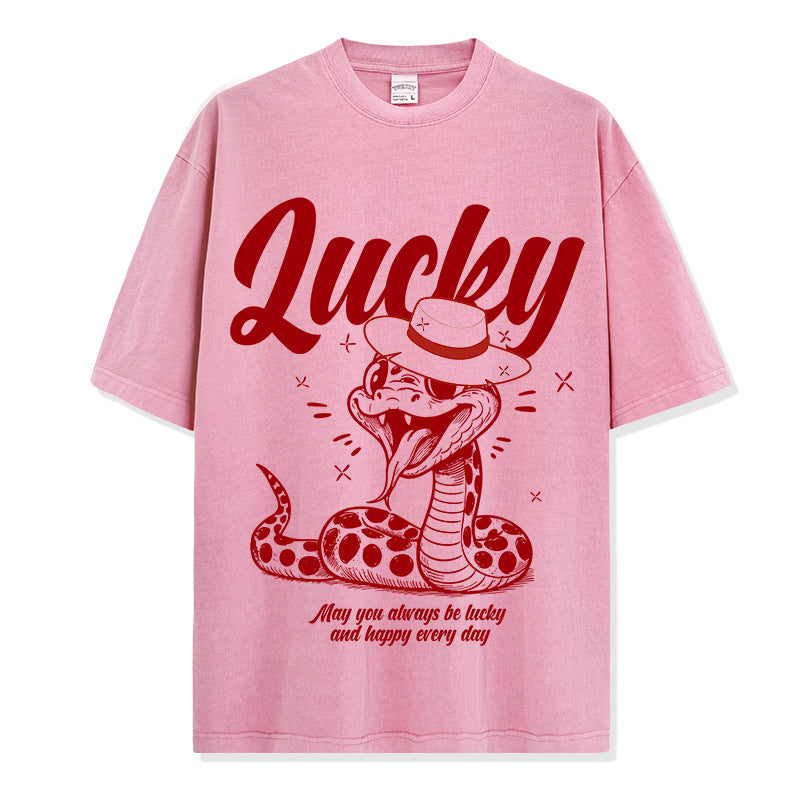 Retro Snake Year Good Luck Printed Short Sleeve T-Shirt Crew Neck Long Sleeve Loose Casual Heavy Hooded Sweater