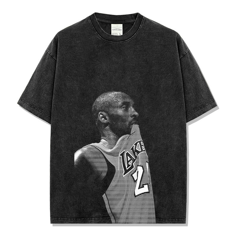 Loose casual kobe trend short-sleeved high street retro heavy cotton solid color T-shirt direct injection printing