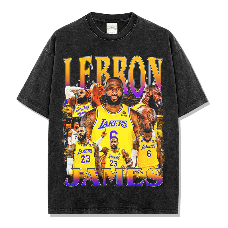 James James Printed Short Sleeve T-Shirt Old Washed Long Sleeve Crew Neck Loose Hooded Sweater Men