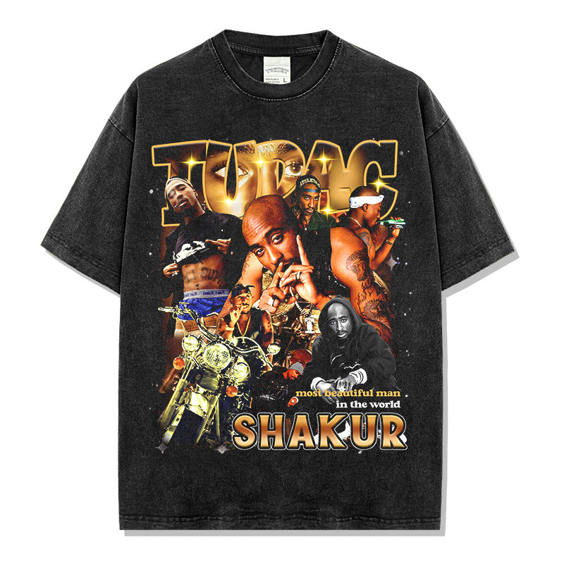 Tide tupac printed short-sleeved t-shirt washed old long-sleeved loose casual heavy hooded sweater men