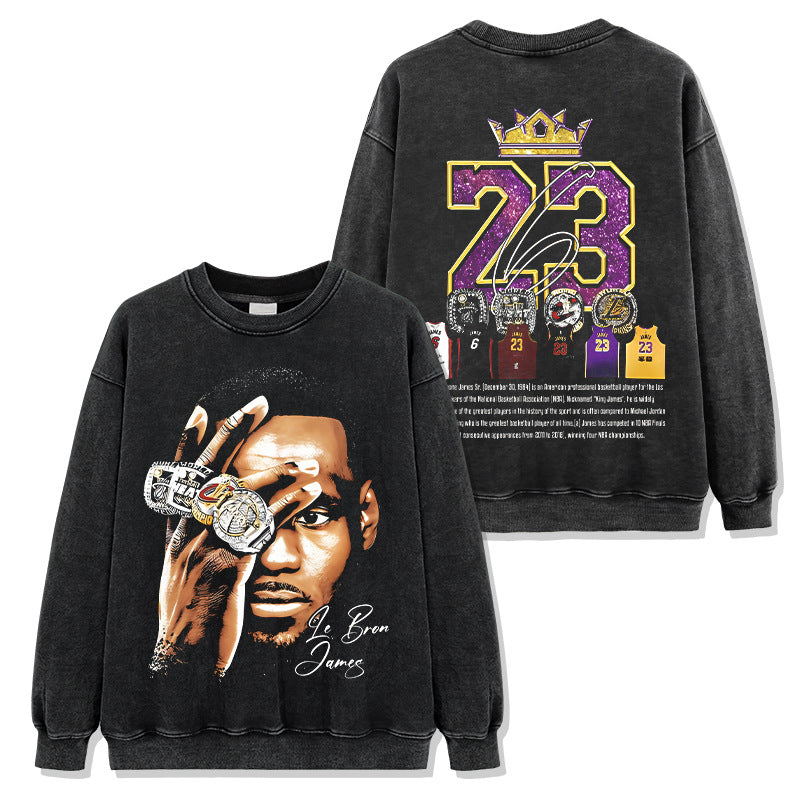 James LeBron James Printed Short Sleeve T-Shirt Washed Crew Neck Long Sleeve Hooded Sweater Men